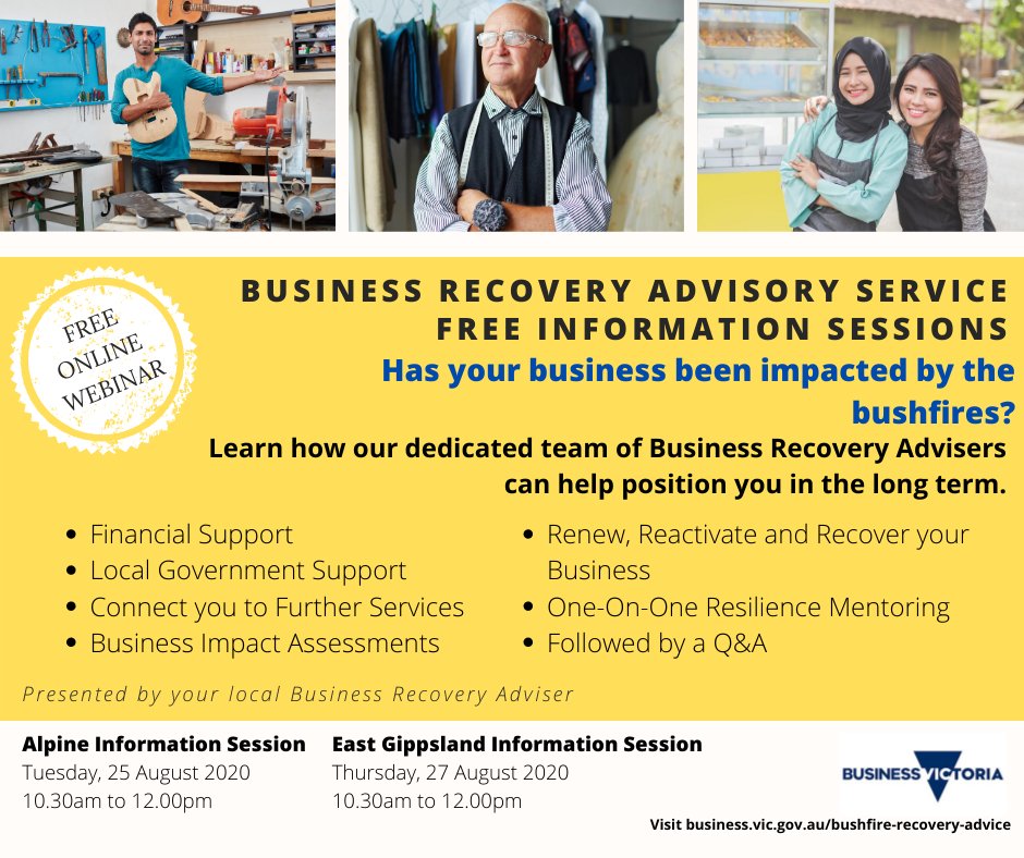 The Business Recovery Advisory Service is available to any business owner/operator in East Gippsland and North East Victoria that has been impacted by the 2019-20 bushfires.

North East Victoria: eventbrite.com.au/e/116830088941

East Gippsland: eventbrite.com.au/e/117218548835
