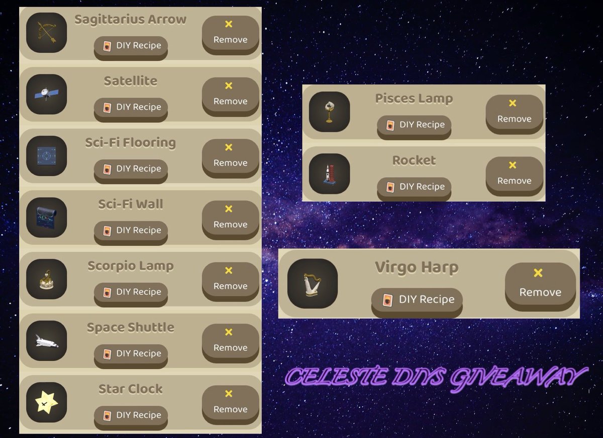 ACNHSNICKAROO's tweet image. ✨ CELESTE GIVEAWAY ✨
ONE Winner..
💫 32 DIYS
💫 7 10x Zodiac Fragments..
- Sagittarius
- Libra
- Leo
- Scorpio
- Virgo
- Cancer
- Gemini
💫 10 Large Star Fragments
RULES
⭐️ Follow Me
⭐️ Like + Retweet
ENDS 8/19 @ 7am PacificDT
#acnh #acnhgiveaway