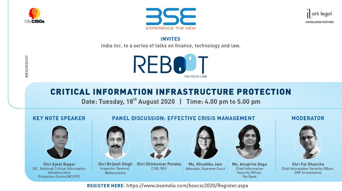 EliteCISOs Along with BSE presents  "Effective Crises Management" considering COVID scenario to share their live experience in managing recent Crises situation. Register : bseindia.com/bsecsc2020/Reg… <a href="/falghancha/">Fal Ghancha</a>  <a href="/Anuprita_Daga/">Anuprita Daga</a>  <a href="/techievicky/">Vikas Arora</a>