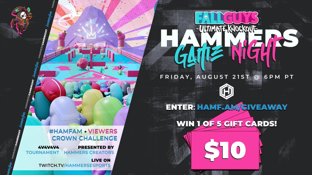 .<a href="/FallGuysGame/">Fall Guys</a> esports!
(• •)☝ Join the #CrownChallenge👑

🌶️ Spice up your chances of winning up to $50 in Gift Cards: hamf.am/giveaway

See you at Game Night on Friday @ 6pm PT! #HAMMERTIME
