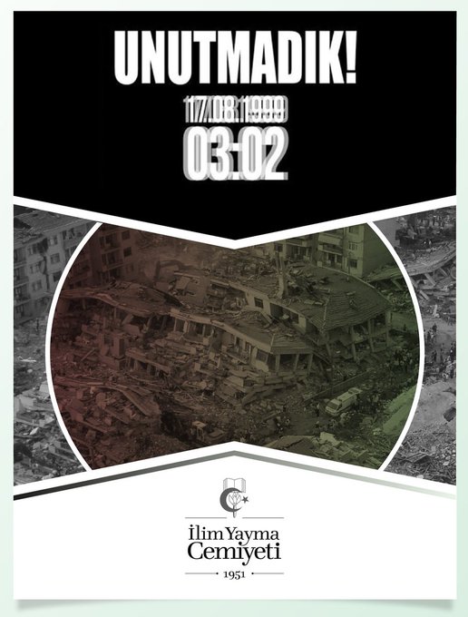 #17Ağustos1999 Marmara Depremi'nde hayatını kaybeden vatandaşlarımızı rahmetle anıyoruz. #Bugün 17 Ağustos #Unutmadik