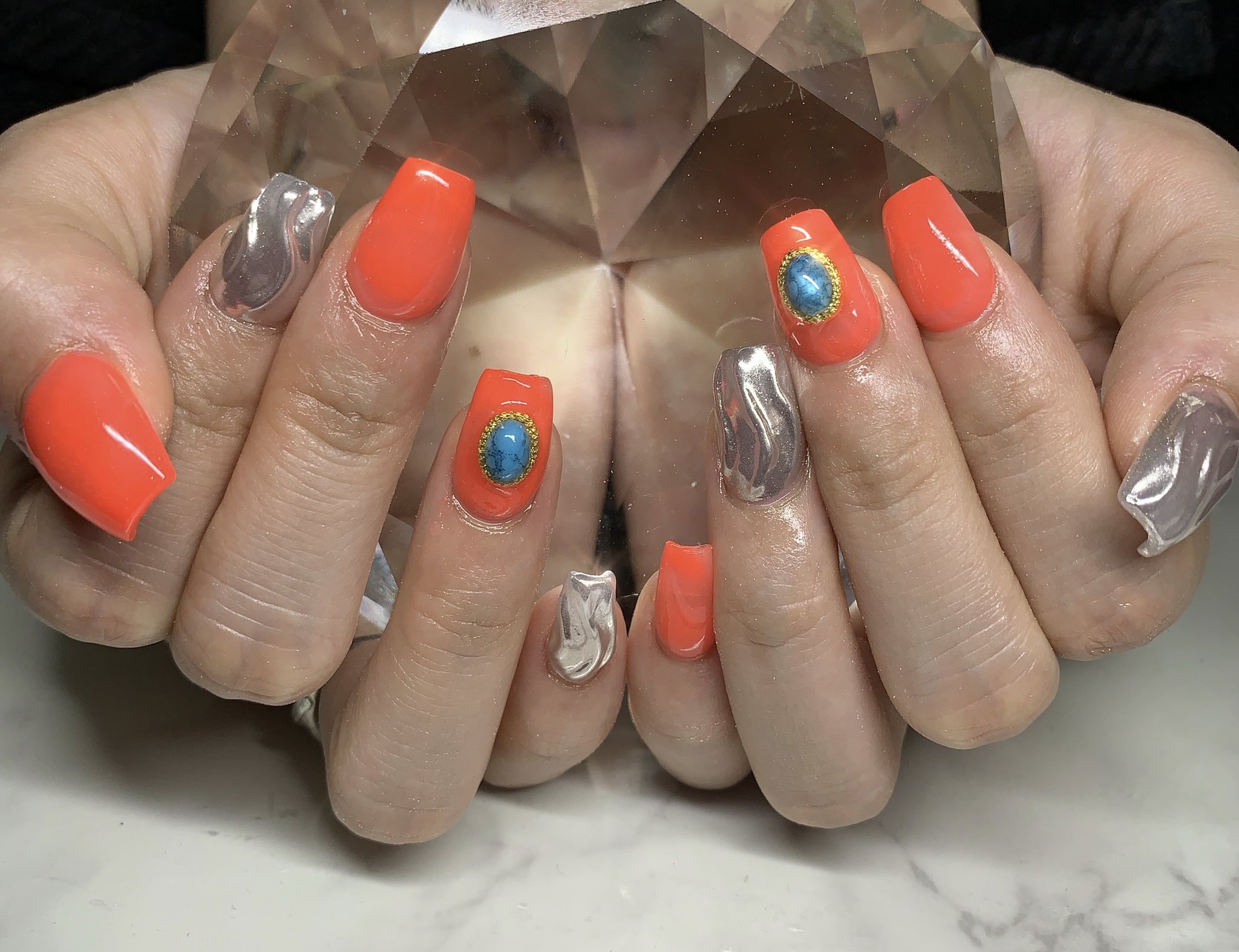 ট ইট র 村田 奈津季 あゆみちゃんネイル スカルプ バレリーナネイル オレンジネイル ネオンネイル ミラーネイル ウェーブネイル ターコイズネイル 毎月ありがとう 夏ネイル 自宅ネイル Nail