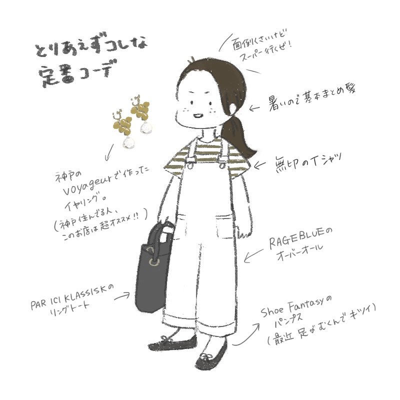 #あなたの最近の服装をイラストで教えて 
締め付けられる系の服(?)が苦手でオーバーオール大好きです? 