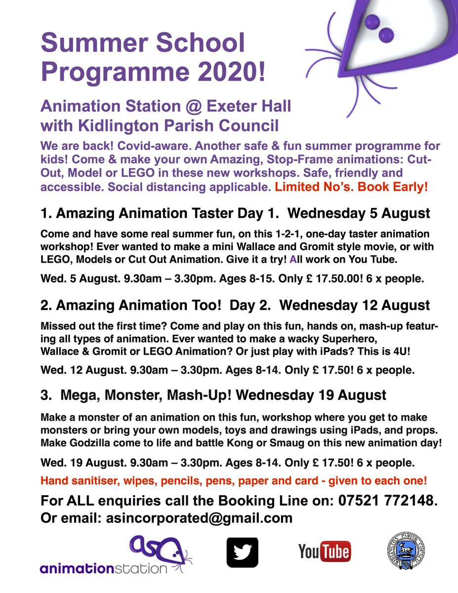 Dear friends and parents

We have a couple of places left on the Animation Station: Monster Mash-Up (attached). 

These will be limited to six children &amp; social distancing will be in place, but if you would like to attend or know of any others, please let me know? Thanks. AS