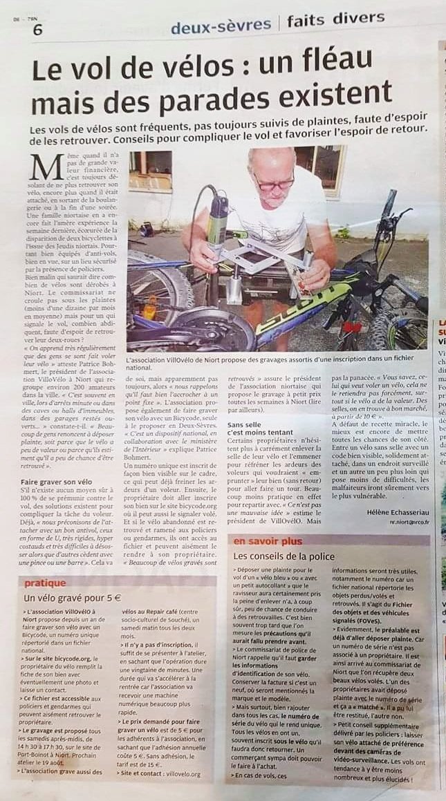 Faire graver son vélo à Niort ? Depuis 2015 VillOvélO propose ce service. 2 séances de gravages prévues à Decathlon et Intersport le 19/08 et 26/08. Inscriptions auprès des magasins <a href="/Decathlon/">Decathlon</a> <a href="/Intersport_FR/">INTERSPORT France</a> <a href="/Prefet79/">Préfet des Deux-Sèvres</a> <a href="/NRNiort/">La NR Niort</a> <a href="/courrierouest/">Le Courrier de l'Ouest</a>