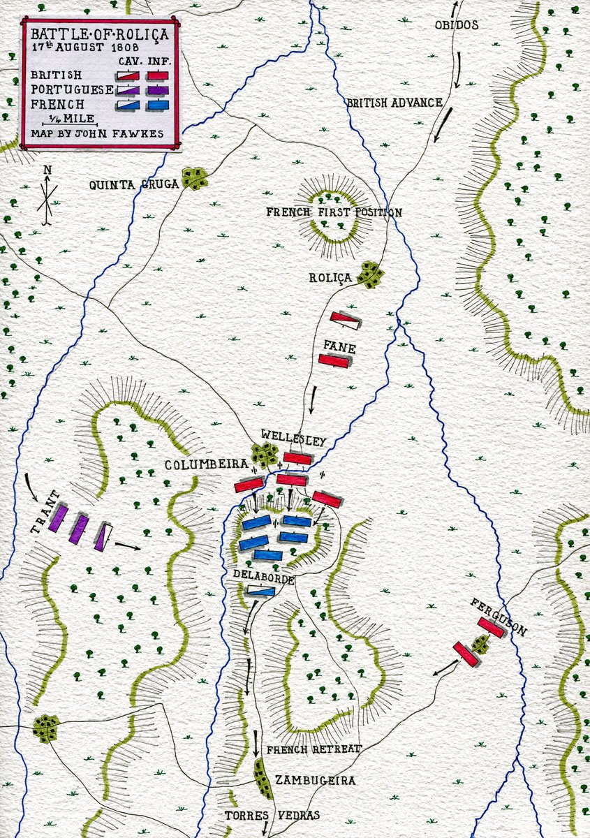The plan was a classic pincer with 3 "columns" in the centre & 1 on each flank, supported by Riflemen from  @5th_60th &  @RiflesRegiment The French commander saw the danger & withdrew up steep cliffs to a good secondary position away from Roliça. https://bit.ly/2Cw9pN0  #OnThisDay
