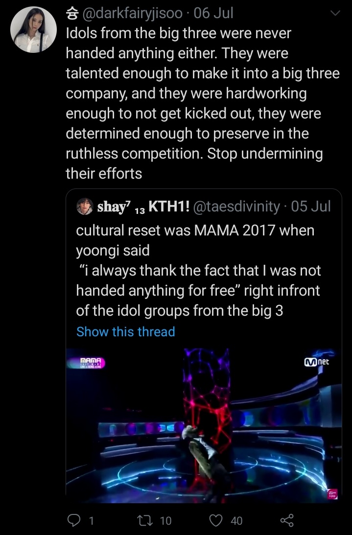 Now lets see what the kpop community think of big3 privilege .This's what they thought when armys said suga's grateful he wasn't handed anything for free like others,But boom artists from big3 work much harder, have extreem standards but where the energy for txt huh??