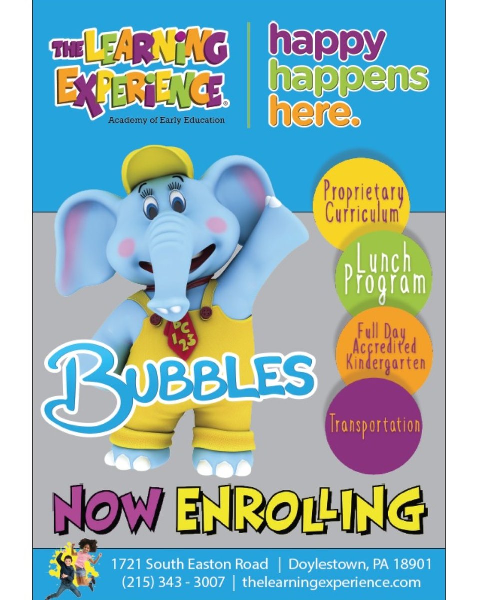 TLEdoylestown's tweet image. TLE Doylestown is  offering ZOOM, Saturday and Sunday tours of our program!  
215-343-3007

6 weeks to full-day Kindergarten (licensed and accredited) 

SPACES ARE LIMITED

#TLEdoylestown #HappyHappensHere #LearnPlayGrow #DoylestownStrong #TheLearningExperience #WhatsYourWhy