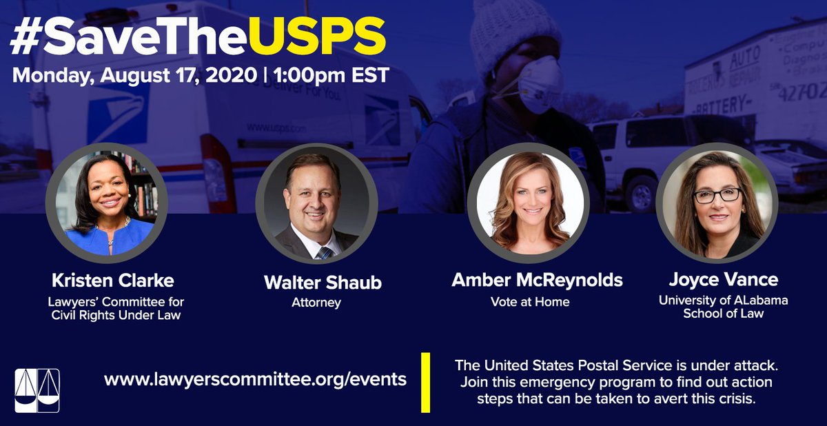 The  #USPS is under attack.Join us TODAY (8/17) at 1ET to learn what actions you can take to hold Louis DeJoy accountable and to make sure our voices are heard in 2020. I'm joining  @waltshaub  @JoyceWhiteVance &  @AmberMcReynolds to  #SaveUSPS.  #SaveThePostOffice