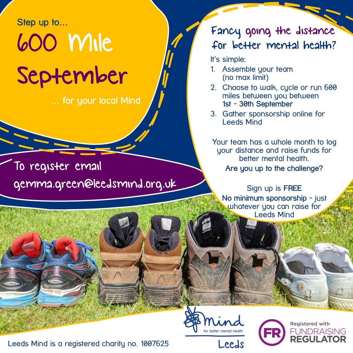 Looking for a challenge to help keep you moving in September? 

Would you like to help Leeds Mind?💙

We're inviting teams across Leeds to take part in 600 Mile September. Up to the challenge? 

Visit bit.ly/34atp3c for more information. 

#LeedsMindTogether #thankyou