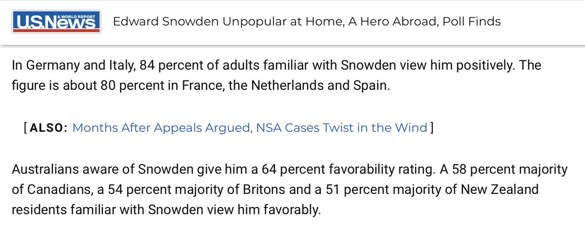 Many Americans are incapable of understanding that there is a world outside of their precious borders.Around the world,  @Snowden is regarded as a hero and an inspiration. That’s why colleges, political institutions and think tanks pay him to speak.  https://www.usnews.com/news/articles/2015/04/21/edward-snowden-unpopular-at-home-a-hero-abroad-poll-finds