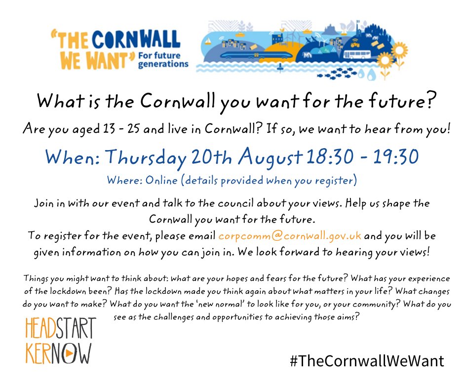 Following the success of the #CornwallWeWant event and taking on board feedback about time of day, there is going to be another session **THIS Thursday** (20th August) 18:30 – 19:30.