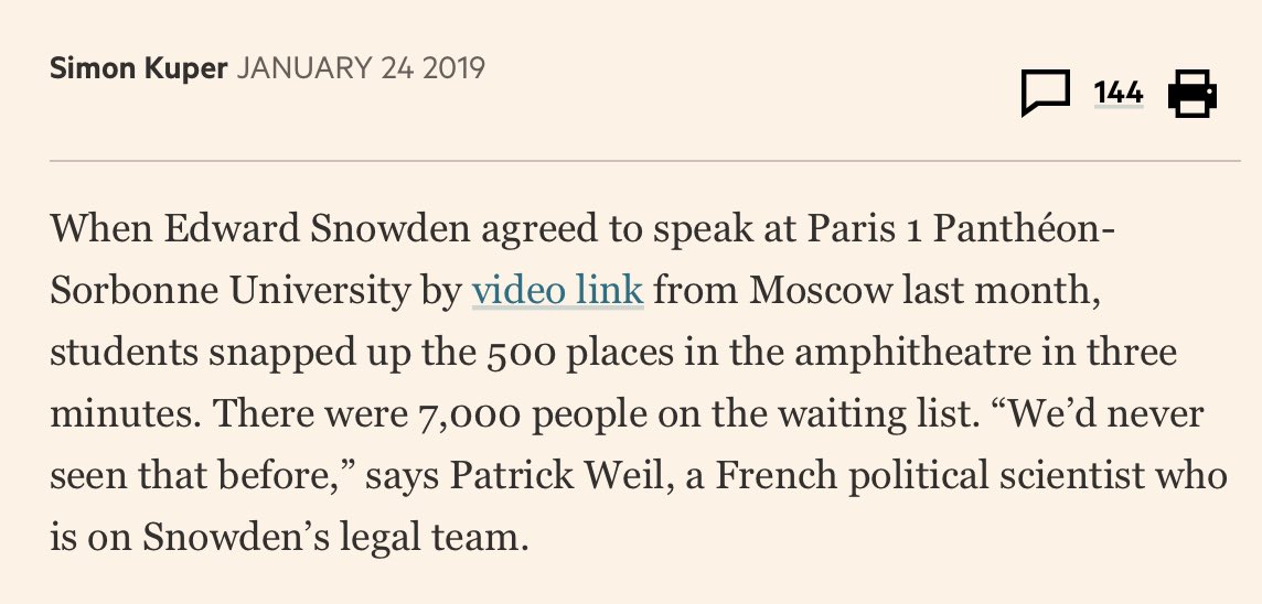 While Snowden is hated in DC by Adam Schiff & Liz Cheney, polls have shown from the start that millions of Americans regard him as a hero.But in Europe, the sentiment is overwhelming. Read  @FinancialTimes from last year on what happens when he speaks: https://www.ft.com/content/0d0114fe-1ea3-11e9-b126-46fc3ad87c65