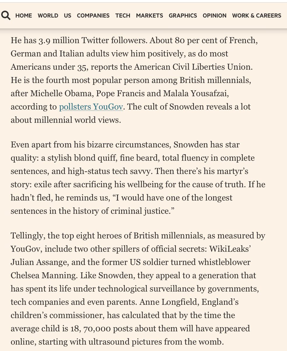 While Snowden is hated in DC by Adam Schiff & Liz Cheney, polls have shown from the start that millions of Americans regard him as a hero.But in Europe, the sentiment is overwhelming. Read  @FinancialTimes from last year on what happens when he speaks: https://www.ft.com/content/0d0114fe-1ea3-11e9-b126-46fc3ad87c65