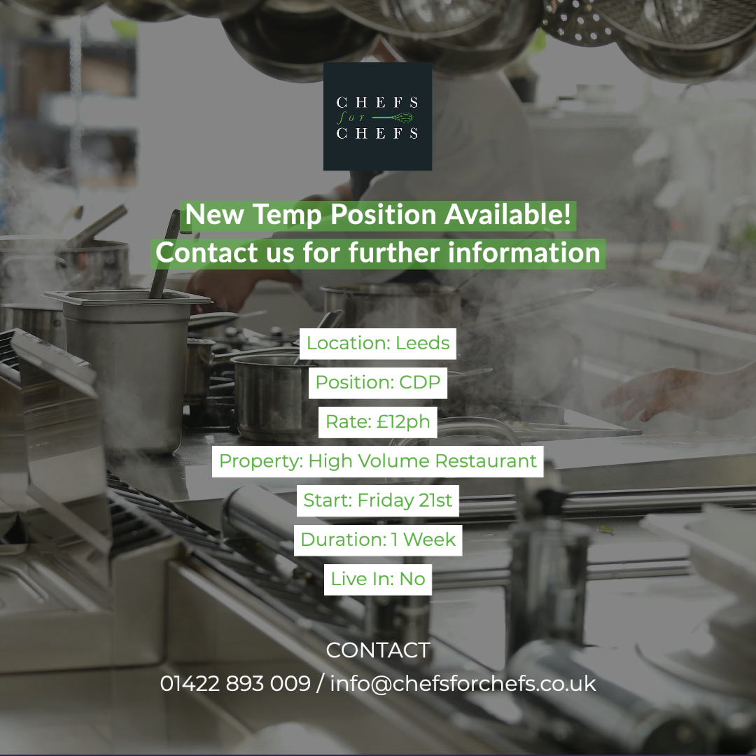 chefsforchefs's tweet photo. NEW TEMP POSITION AVAILABLE!
High volume, fresh food restaurant in Leeds needing cover starting Friday for a one week period. Please contact us for more information.
#chefsforchefs #temp #contractor #hospitality https://t.co/XScoUNcume