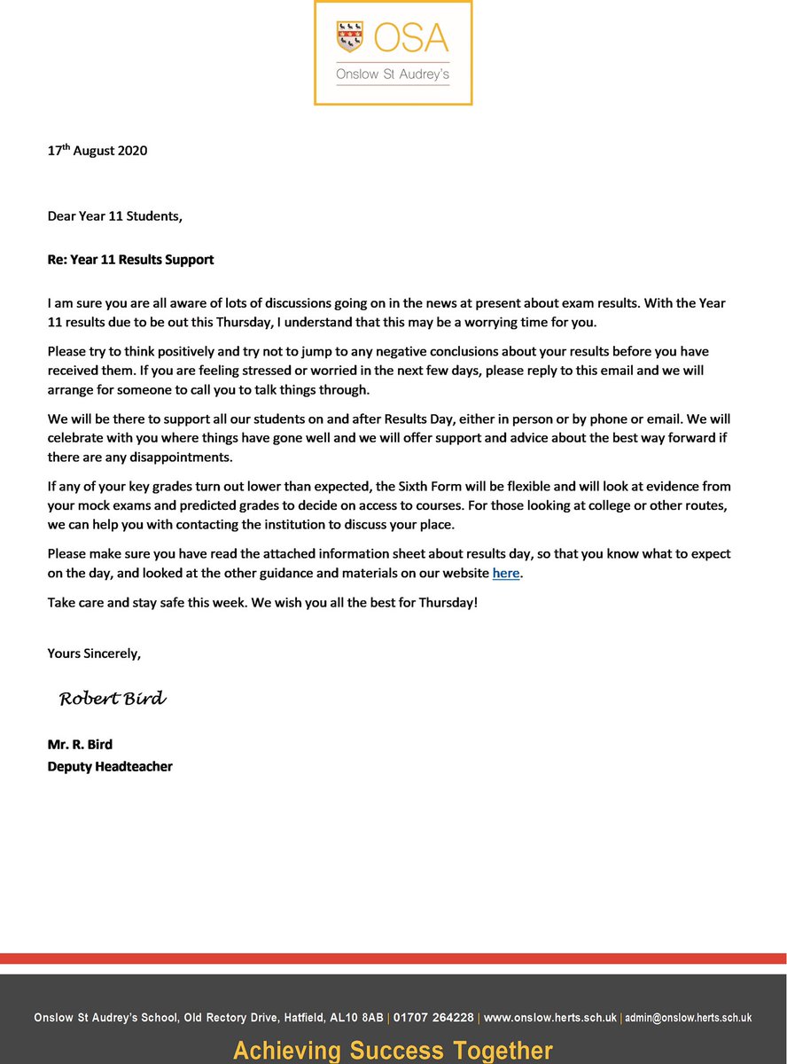 OSAchievement's tweet photo. @OnslowStAudreys Year 11 families, we have sent out the letter below to all students today. There is a lot in the news, but please stay positive about your results. We are here for you- if you are worried and want to talk, reply to the email or contact admin@onslow.herts.sch.uk. https://t.co/iEgKnAtOxV