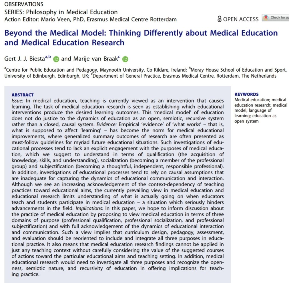 Does teaching cause learning? Gert Biesta and <a href="/BraakMarije/">Marije van Braak</a>
don't seem to think so!

New article in the @TLMedEd Philosophy in Medication series online now.

Podcast with the authors will follow beginning September.

tandfonline.com/doi/full/10.10… #MedEd #Philosophy