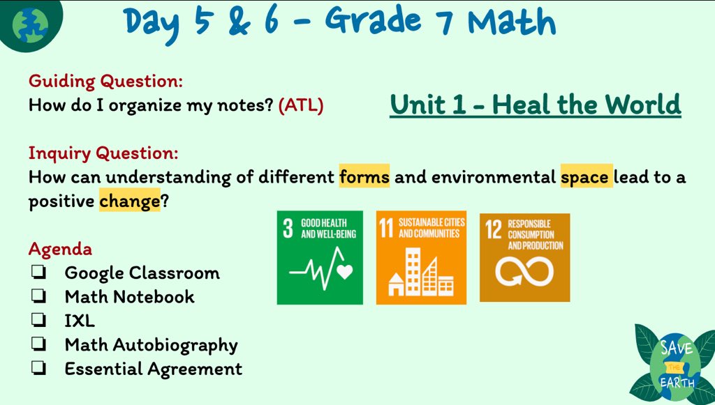 MYP_MathTeacher's tweet photo. Grade 7 Math Learning (Days 5 &amp; 6 - Ms L and Mr Rico’s classes) ... Your agenda #chadwickinternational #gr7 #math #unsdgteaching #MYPconcepts #conceptualunderstandingmatters #ATL #selfmanagement #backtoschool2020🎒 #hybridlearning https://t.co/ADEfvTq5W9