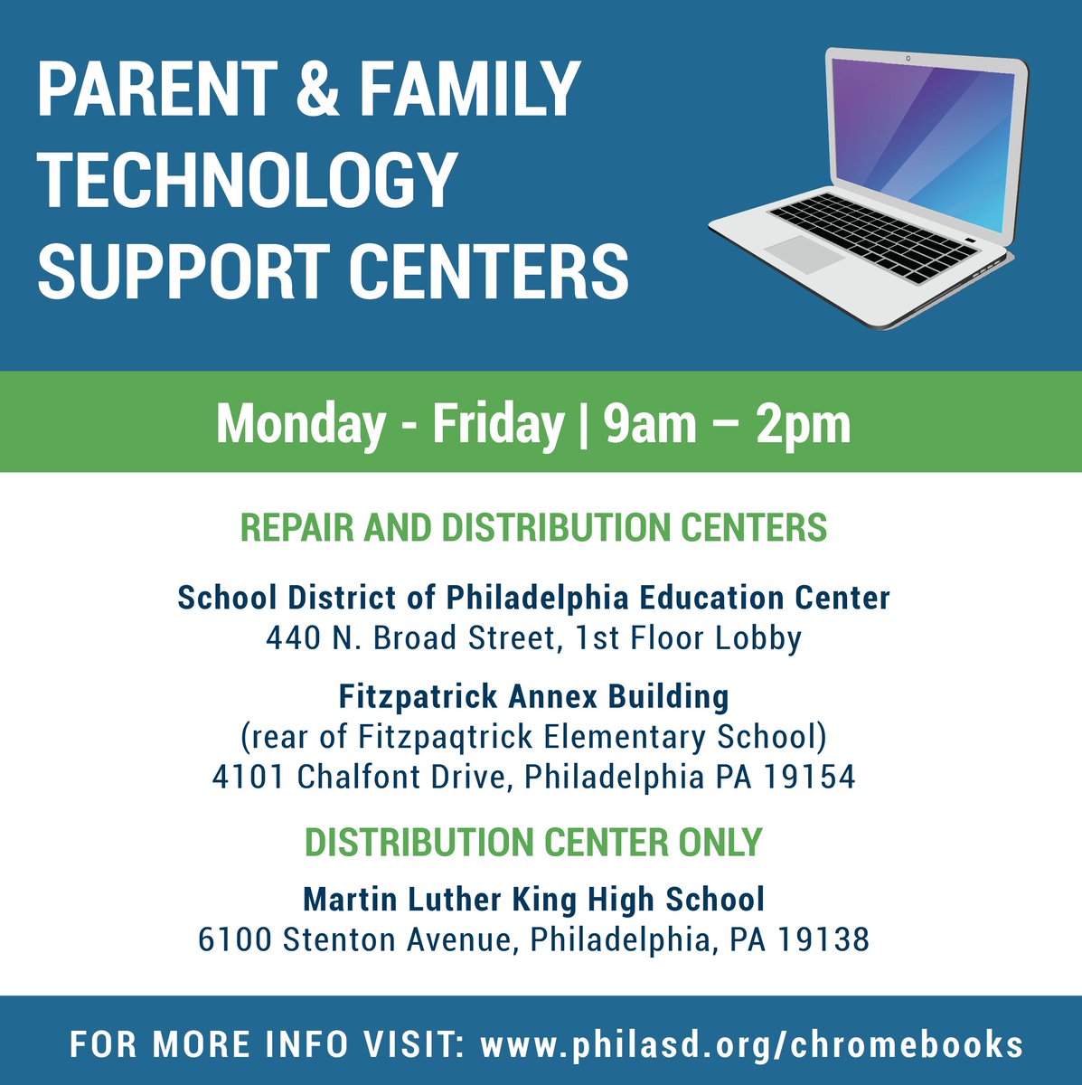 PHLschools's tweet image. Our Parent and Family Technology Support Centers now have extended operating hours and a new location. Visit Monday through Friday from 9:00 a.m. to 2:00 p.m. Have questions about your Chromebook? Visit philasd.org/chromebooks/