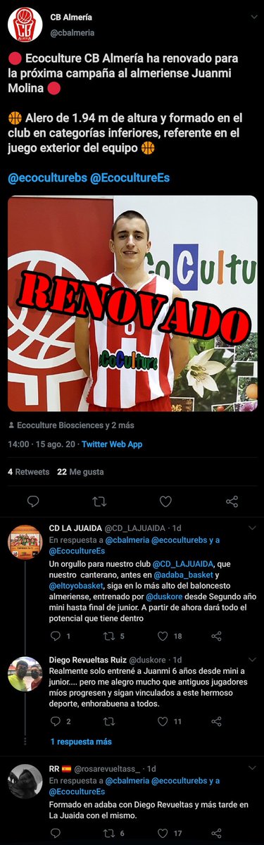 Desliz del Comunity Manager del <a href="/cbalmeria/">CB Almería</a> al presentar la renovación de @Juanmiii06, ya que lo presentaban como un canterano y llegó al club siendo ya un jugador senior formado en <a href="/eltoyobasket/">El Toyo Basket</a> <a href="/adaba_basket/">Club Baloncesto ADABA Almería</a> y <a href="/CD_LAJUAIDA/">CD LA JUAIDA</a>. Pero como siempre Twitter se encargó de recordarlo 😂