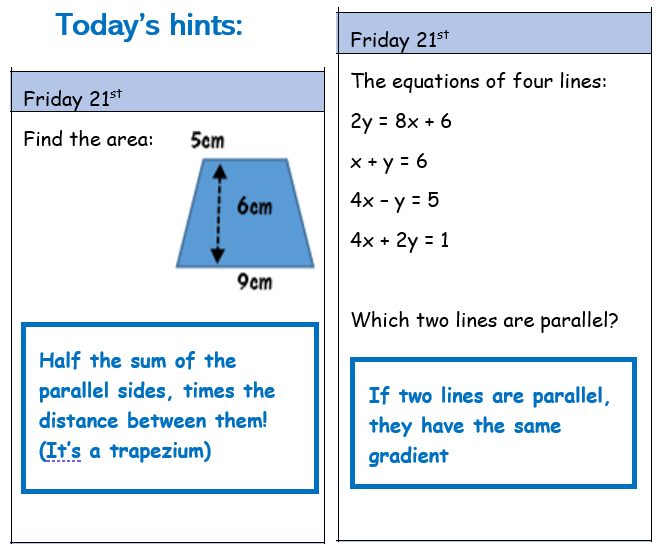 RodillianMaths's tweet photo. Good morning @Rodillian_Ac and @BBGAcademy @BBGMATHS students. Here are today’s hints for your daily questions. Y9 &amp; Y10, check your emails to see the rest of the questions and remember to email Miss Clifton if you get stuck #Maths #MathsEveryoneCan #DailyHabits #FridayFun https://t.co/pwCPV3sKHn