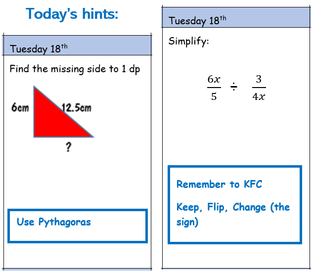 RodillianMaths's tweet photo. Good morning @Rodillian_Ac and @BBGAcademy 
@BBGMATHS students. Here are today’s hints for your daily questions. Y9 &amp; Y10, check your emails to see the rest of the questions and remember to email Miss Clifton if you get stuck #Maths #MathsEveryoneCan #DailyHabits #TuesdayTrivia https://t.co/OpaRNpiK84