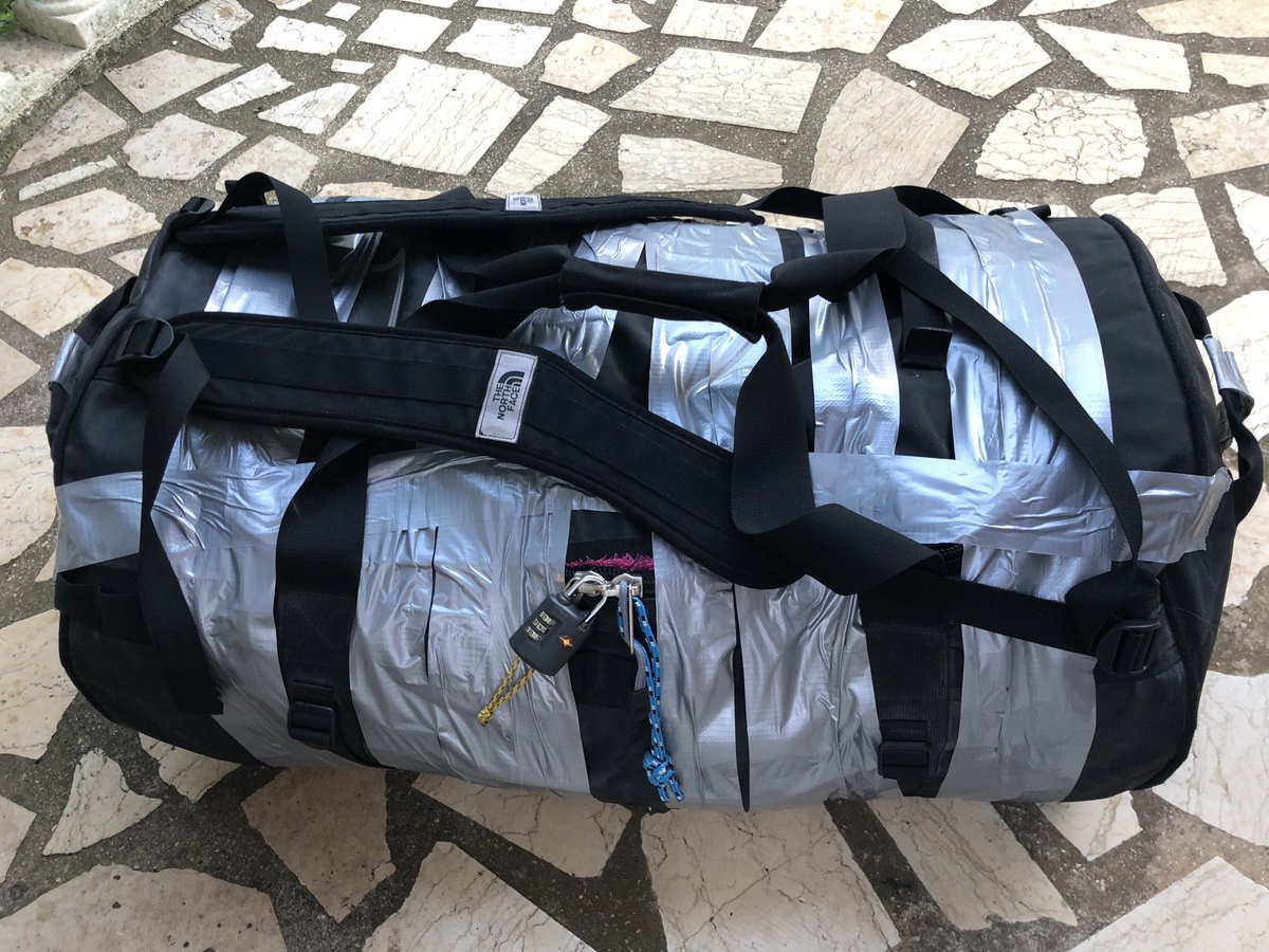 Padlock locked !! Unable to gain access. Cut into my well travelled <a href="/thenorthface/">The North Face</a> bag with a knife. Fixed with <a href="/GafferTapecom/">GafferTape.com</a> as advised to be always carried by @ExpedMedicine #neednewkitbag