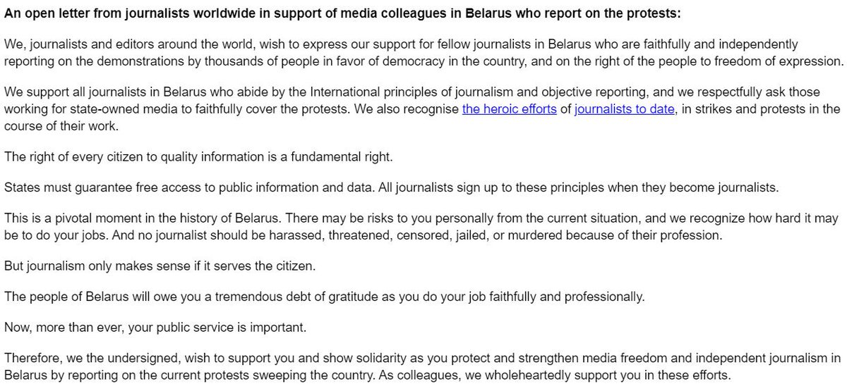 Belarus: An open letter has been launched for journalists to show support and solidarity for colleagues in Belarus and their 'heroic efforts to cover strikes and protests'. You can sign it here: docs.google.com/forms/d/e/1FAI…