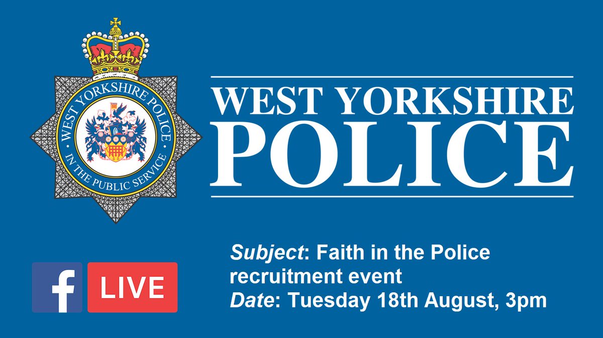 Join us on Facebook Live tomorrow at 3pm, where we’ll be discussing how we welcome and support people of different faiths within the Force and also talking about our latest recruitment opportunities.

facebook.com/events/3366048…