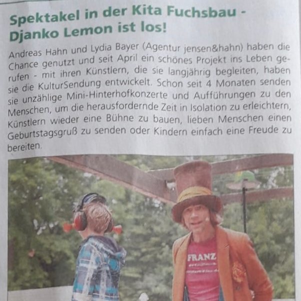Jetzt auch druckfrisch im Ortsblatt. Djanko Lemon hat den Kindern im Kiga "Fuchsbau" eine riesige Freude bereitet. Möglich wurde dies durch einen @Kultursendung–Spender. Eine schöne Art Gutes zu tun - DANKE! #fleuropderkultur #sogehtsaechsisch #kreativessachsen