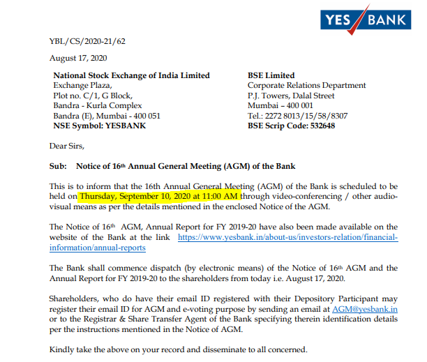 D_CryptoKnight's tweet photo. #yesbank #yesbankupdate AGM is scheduled on 10 Sep 2020 https://t.co/DFz2ZZKN36