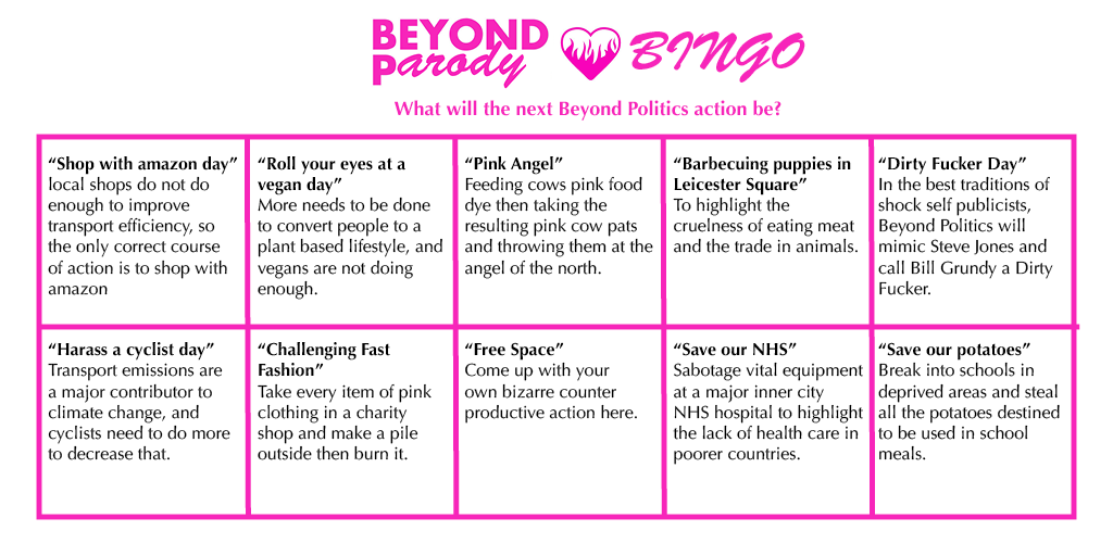 BespokeParody's tweet photo. Have you been wondering what the next shocking action from @BespokePanic will be?

We've turned it into a fun game of bingo.

Now you can see which strange and incomprehensible action they take, and tick it off as you go.

#BeyondPolitics 
#BeyondBingo 
#BeyondParody https://t.co/AUW6QMW3uM
