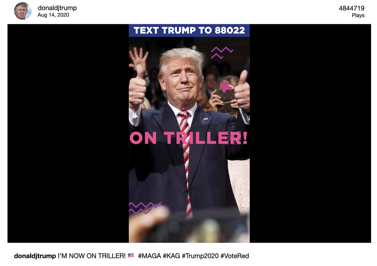 <a href="/realDonaldTrump/">Donald J. Trump</a> <a href="/wuv/">W&V</a> Das 1. Video gibt es hier zu sehen:
v.triller.co/9Z7WGn

Worum es geht? Pah, wer braucht schon Inhalte, wenn Trump "Nobody can do it like me!" rufen kann. Das reicht als Botschaft.