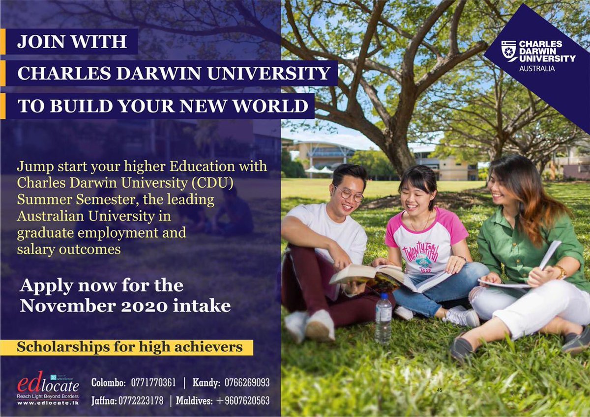 Charles Darwin University is young, vibrant and internationally recognized for teaching and research.

Apply now for November 2020 intake 

Contact #Edlocate on 0771770361 for more information 

#studyabroadwithedlocate #charlesdarwinuniversity #novemberintake #applynow