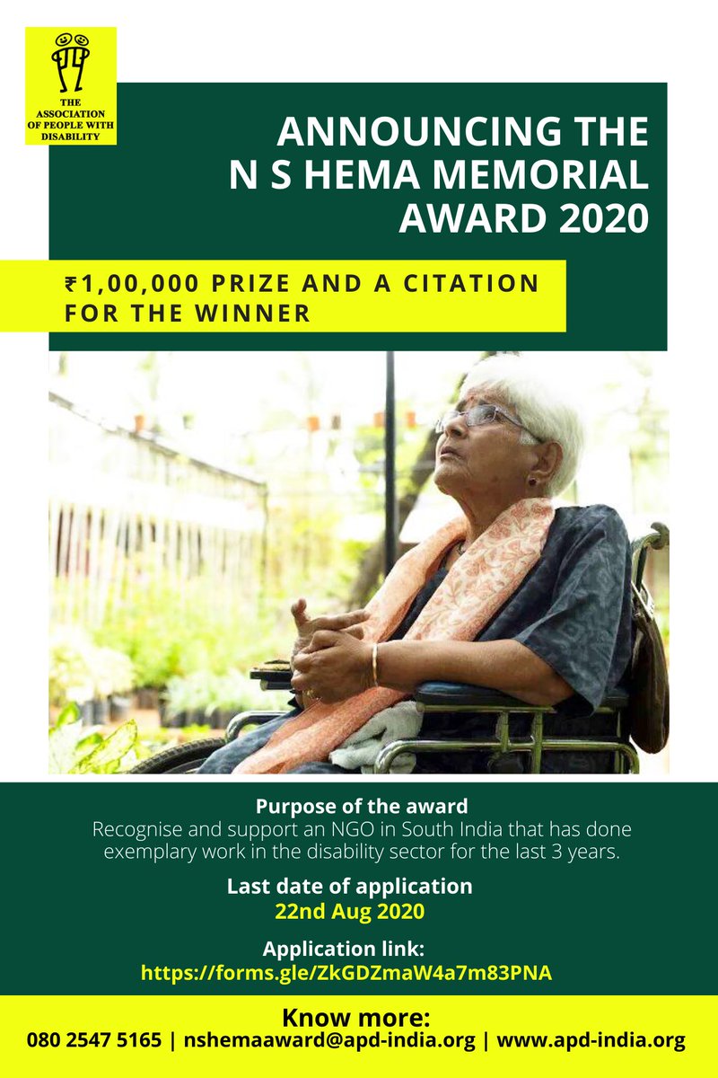 APD_India's tweet photo. Disability sector NGOs (South India) registered at least 3 years earlier to 31-03-2020 are eligible to apply for the N S Hema Memorial award. Please fill the form to register: https://t.co/rEmGBYvnFo
#NGOAward #DisabilityNGO #Award2020 https://t.co/kNnQNFW0Yq