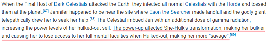 Even though it was the original idea, the writers of the first outing of She-Hulk quickly did away with the idea of her getting powered up when she's angry, mostly because they didn't want to portray a female superhero whose power is to "hulk out when it's that time of the month"