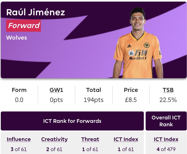 5. Jimenez 8.5m.8.5m may seem steep, but over the past 2 seasons he has been the most reliable forward. Look at his ICT ranks compared to other forward from last year too. I’m sure at some point Jimenez will be very template. Nice price.