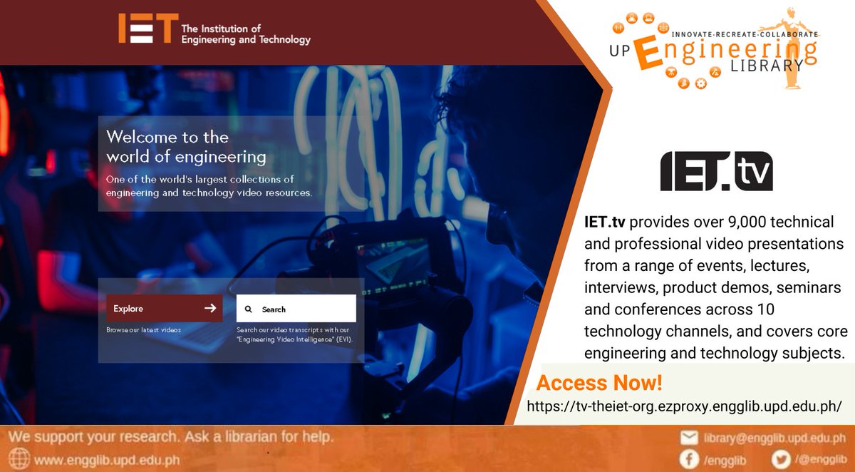 engglib's tweet photo. [Featured Database]

Gain access to the world’s largest collection of engineering and technology videos.

You may access https://t.co/ZaqNVX1DPv via UP DilNet and through the Remote Access portal at https://t.co/XHqNaI4036

#IETtv
#FeaturedDatabase https://t.co/ZiA0SsdNCw