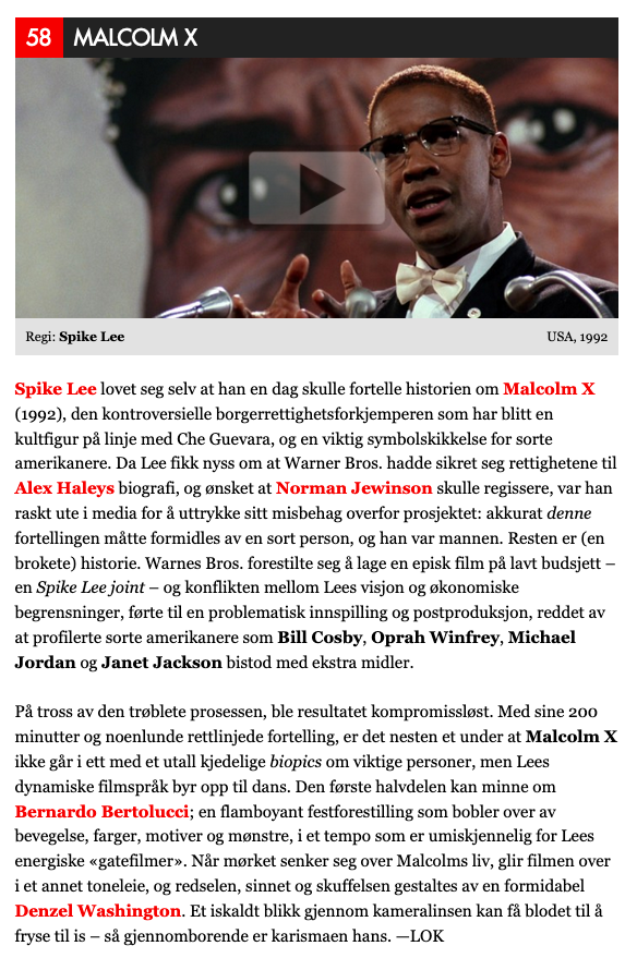 Tips til lesere i Bergen! –> Spike Lees kruttsterke og hyperrelevante filmportrett MALCOLM X (1992) vises to ganger på <a href="/CinemateketUSF/">Cinemateket i Bergen</a> i tiden som kommer – både 19. og 25. august: cinemateket-usf.no/arkiv/6090 Vi kåret den til en av 90-tallets 100 beste filmer: montages.no/2014/09/montag…