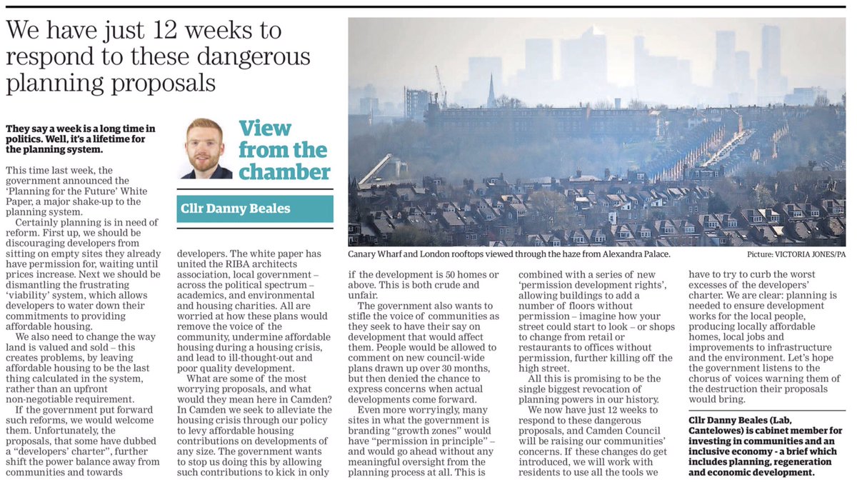 Writing in this week’s  @HamandHigh how we have just 12 weeks to prevent disastrous changes to planning rules by the goverment. The reforms are a developers charter. Further weighting the system towards profiteering developers & away from communtiy needs/well planned cities.