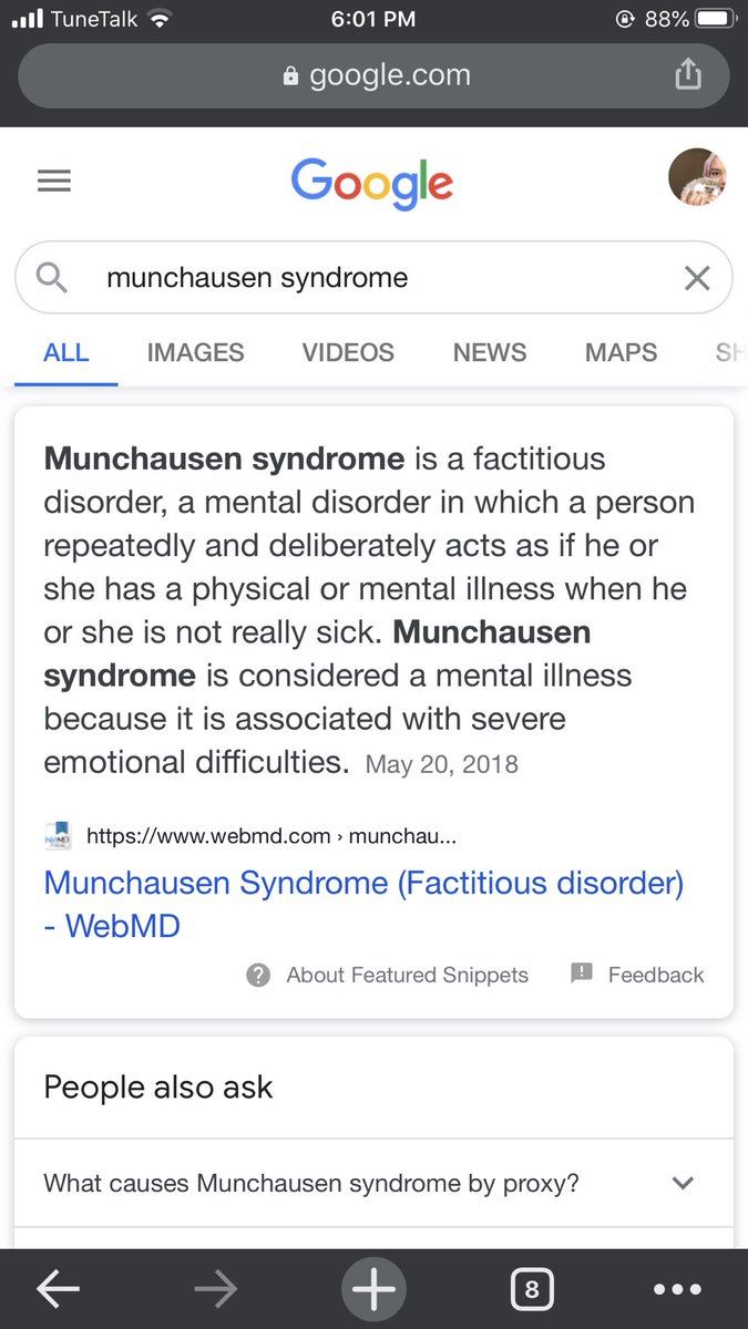 did you know? orang orang yang self-diagnose ni, dorang boleh develop munchausen syndromeMunchausen syndrome is a mental disorder in which a person repeatedly & deliberately acts as if he/she has illness when he/she is not really sick