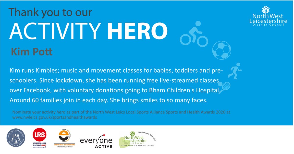 nwlhealth's tweet photo. Massive thank you to Kim Pott who has been nominated as a North West Leicestershire #activityhero for bringing smile to so many faces, offering free live-streamed classes over Facebook! ⭐️
Nominate your activity heroes here: https://t.co/qlDMC0jVIB https://t.co/9xPbwzCCWl