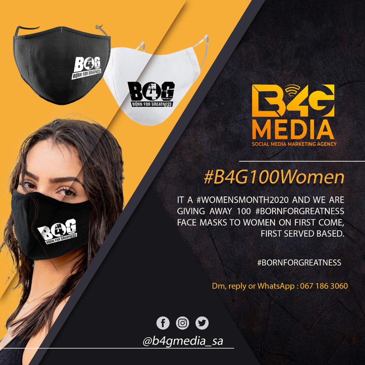 b4gmedia_sa's tweet image. "Wathint' Abafazi, Wathint' Imbokodo' -  we are still in the #WomensMonth &amp;amp; we would like to offer free masks to 100 women. Leave a reply below if you would like to wear a B4G branded Mask for yourself

NB: women only 💃

#WoMandla #MoPower #Moghel #Imbokodo #B4G100Women ✈💣💅