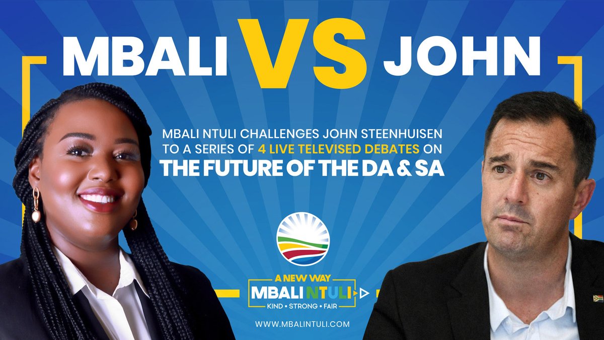 mbalimcdust's tweet photo. 📢 | MEDIA ALERT
I will be live on eNCA at 12h15 to talk about challenging John Steenhuisen to 4 televised debates on the future of the DA and SA.
#MbaliVsJohn #Mbali4DALeader
More on: https://t.co/Dl6dyh6PMx https://t.co/Unf4pT7NjP