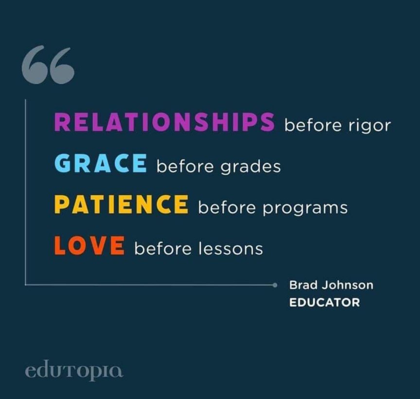 AshleyGarcia007's tweet image. Happy first day of school!! 😍 As we begin our first day of the 20-21 school year, let's keep these words of wisdom from @DrBradJohnson in mind:

RELATIONSHIPS before rigor,
GRACE before grades,
PATIENCE before programs,
LOVE before lessons.