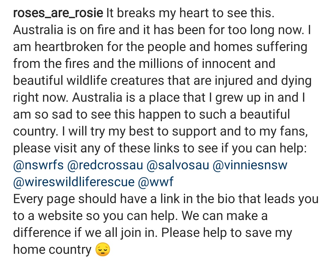  @BLACKPINK's Rosé posted on Instagram, spreading awareness about the wildfires in Australia. She tagged a few helpful accounts and added links in her bio encouraging people to help