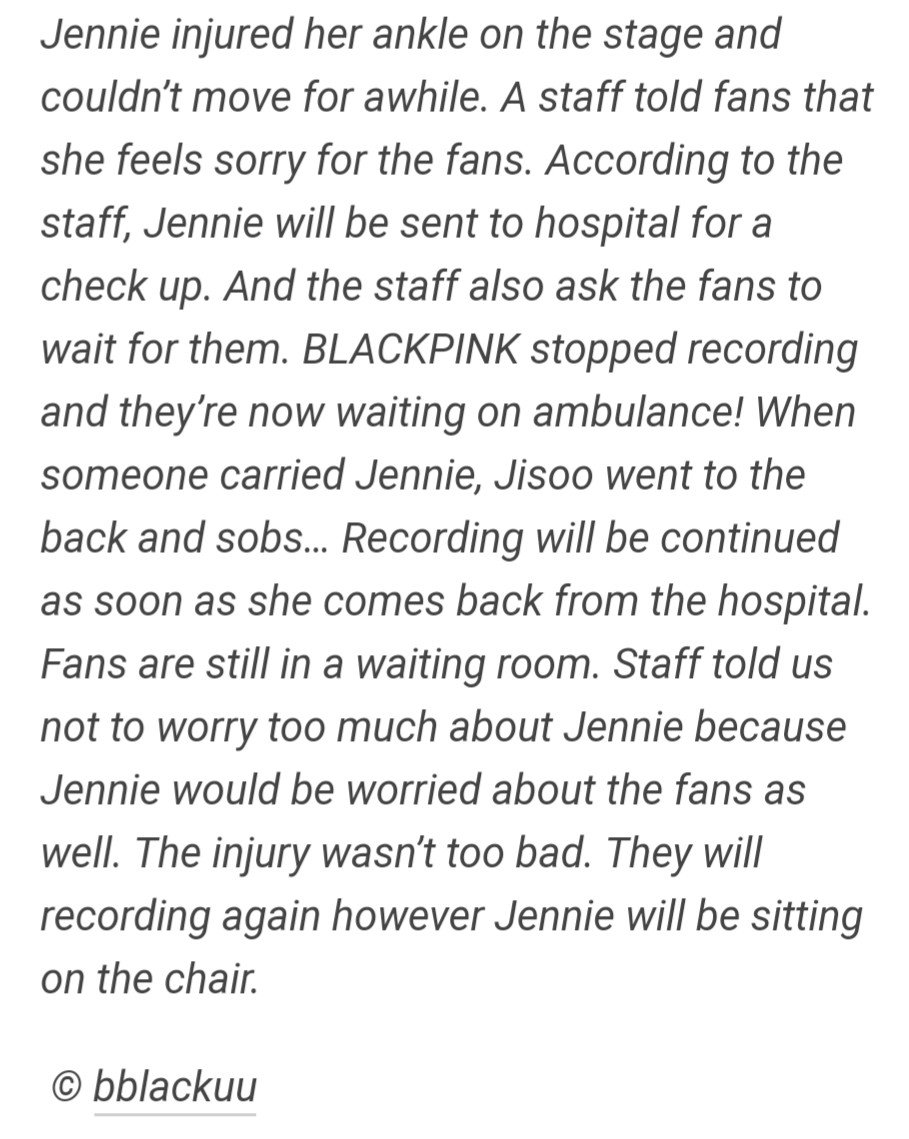   @BLACKPINK's Jennie sprained her ankle before a concert and couldn't move because of the pain. She went to the hospital to get checked and then returned to the concert after taking painkillers