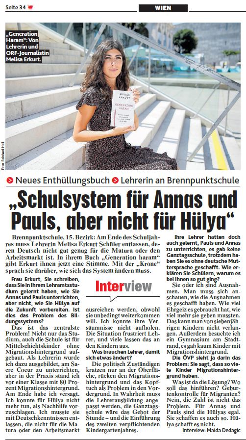Heute erscheint ein lesenswertes Buch von <a href="/MelisaErkurt/">Melisa Erkurt</a>. Im Interview für die <a href="/krone_at/">Kronen Zeitung</a> verriet sie, was sich im Schulsystem ändern muss. Ich finde, dass sie in der Politik Gehör finden sollte.
