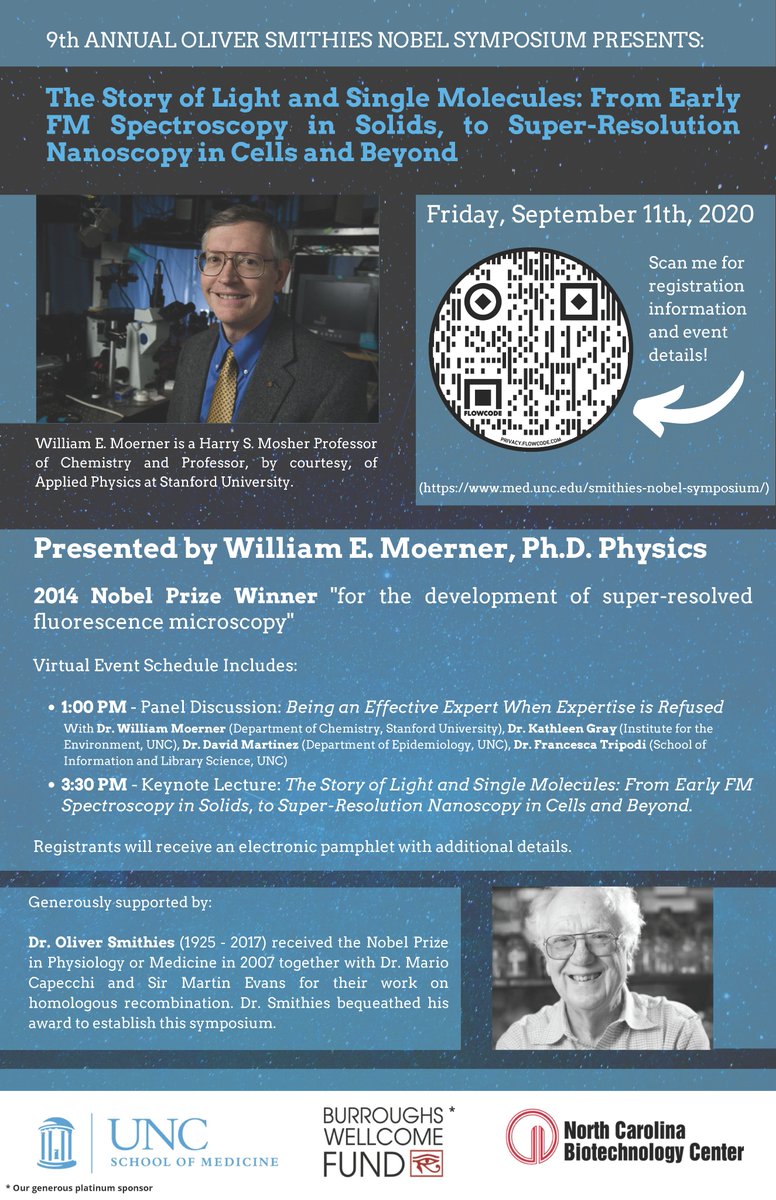 Registration is now open for the 9th Annual Oliver Smithies Symposium featuring Dr. William Moerner on Sept 11! Registration is required for both the panel discussion (at 1:00pm) and the keynote lecture (3:30pm). More info can be found here: unc.live/2FAywjb - Please RT!