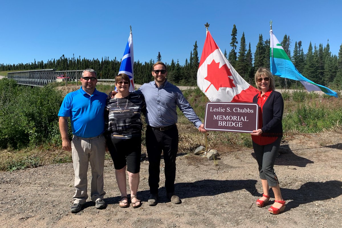 TI_GovNL's tweet photo. On Friday, the Paradise River Bridge, approximately 2 km from Cartwright Junction on the Trans-Labrador Highway, was named the Leslie S. Chubbs Memorial Bridge to honour longtime @TW_GovNL employee Leslie (Les) Chubbs. https://t.co/JDLj7CBCSN